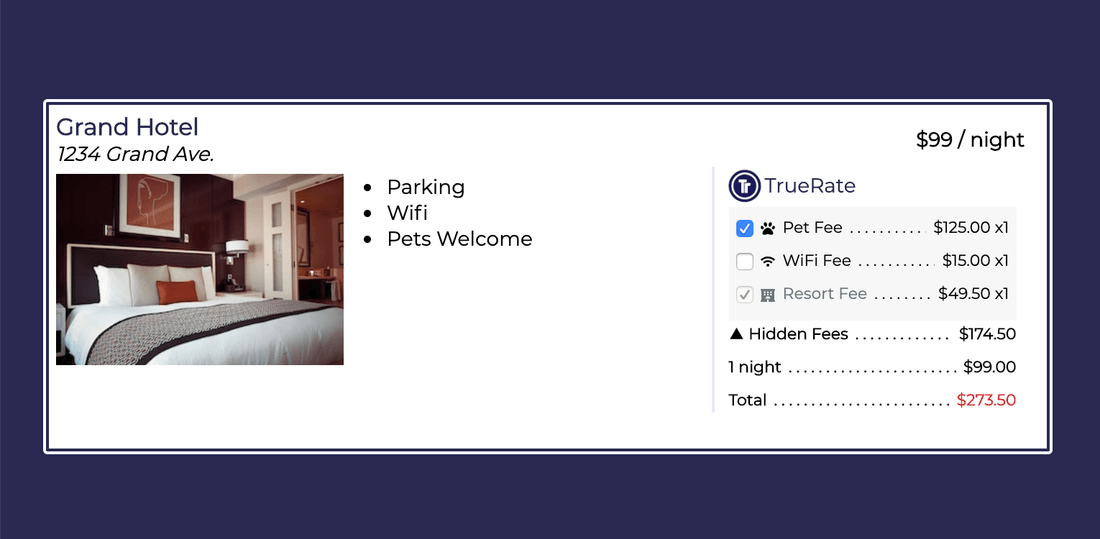 TrueRate showing hidden fees on a hotel listing